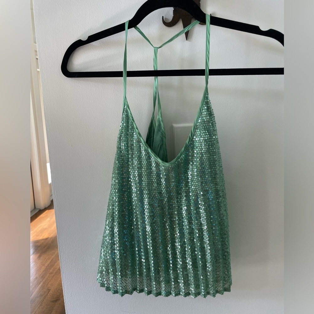 Flannel au green sequin tank top